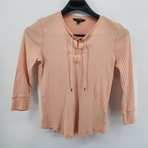 Lauren Ralph Lauren Women's L Peach Ribbed Knit 3/4 Sleeve Lace Up Top